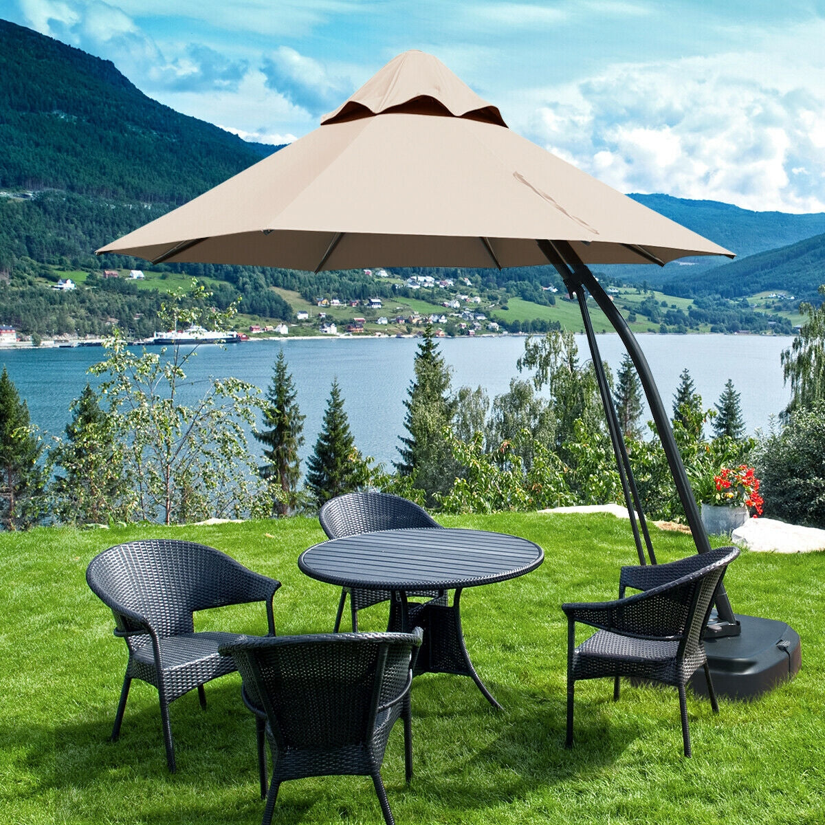 11 Feet Outdoor Cantilever Hanging Umbrella with Base and Wheels-Tan Kids Crystal