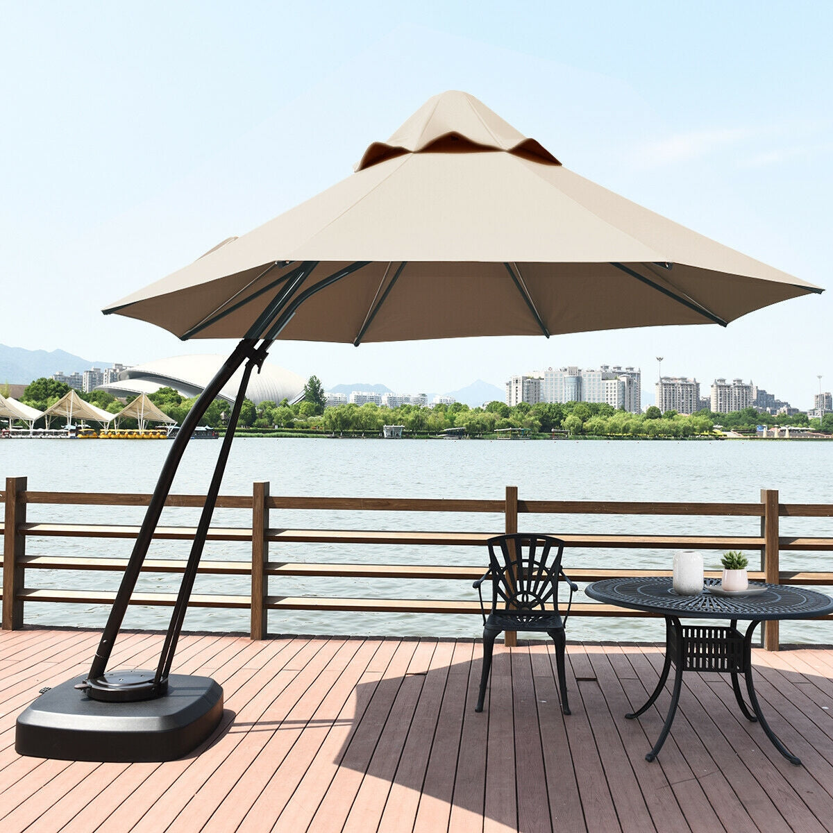 11 Feet Outdoor Cantilever Hanging Umbrella with Base and Wheels-Tan Kids Crystal
