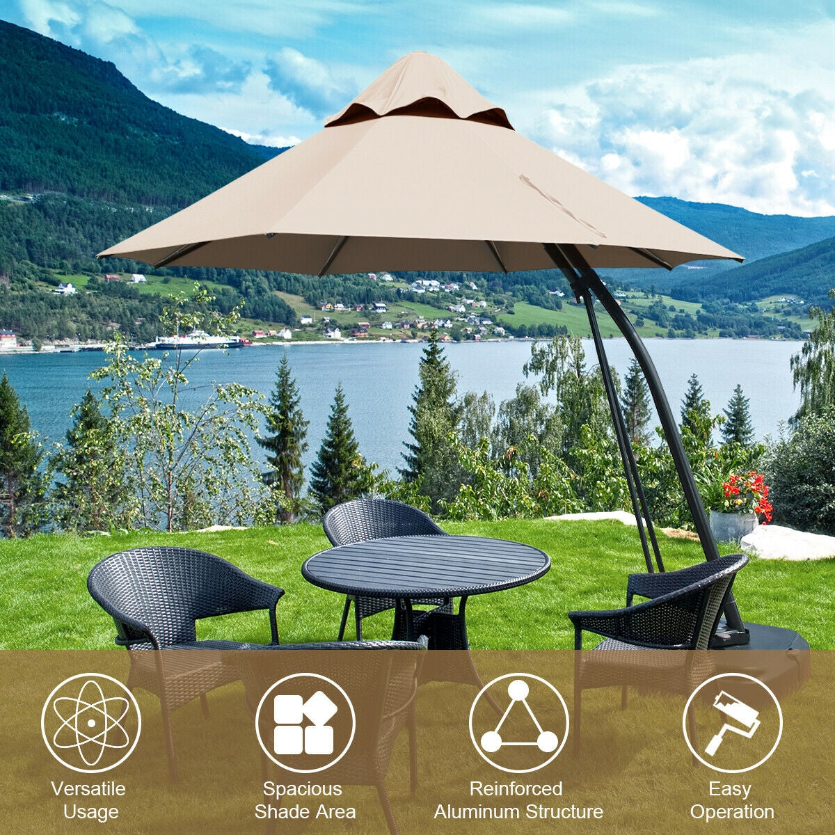 11 Feet Outdoor Cantilever Hanging Umbrella with Base and Wheels-Tan Kids Crystal