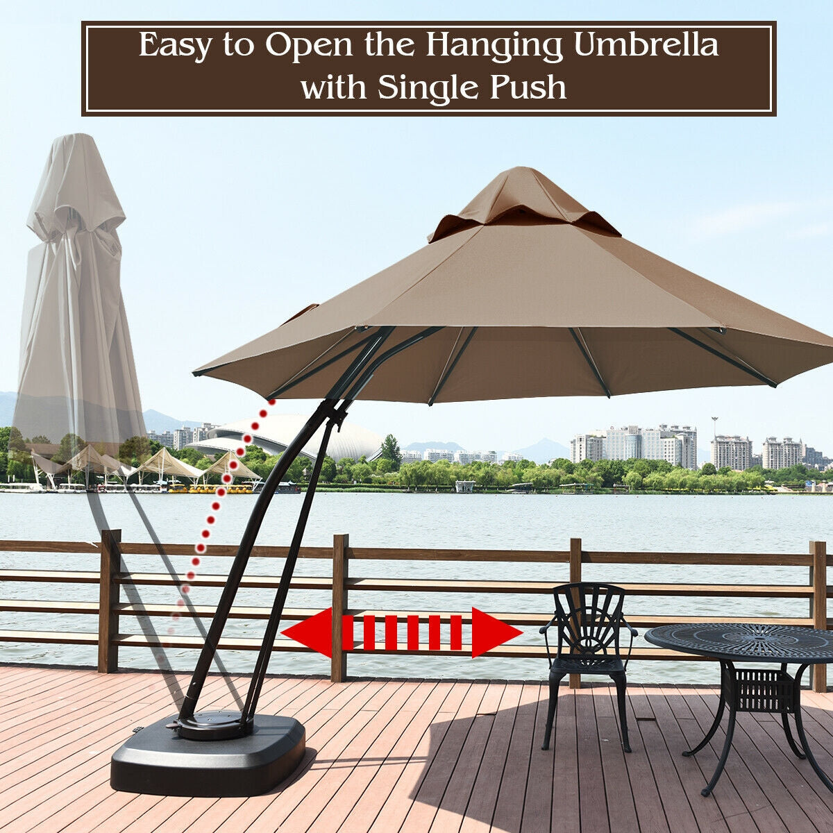 11 Feet Outdoor Cantilever Hanging Umbrella with Base and Wheels-Tan Kids Crystal