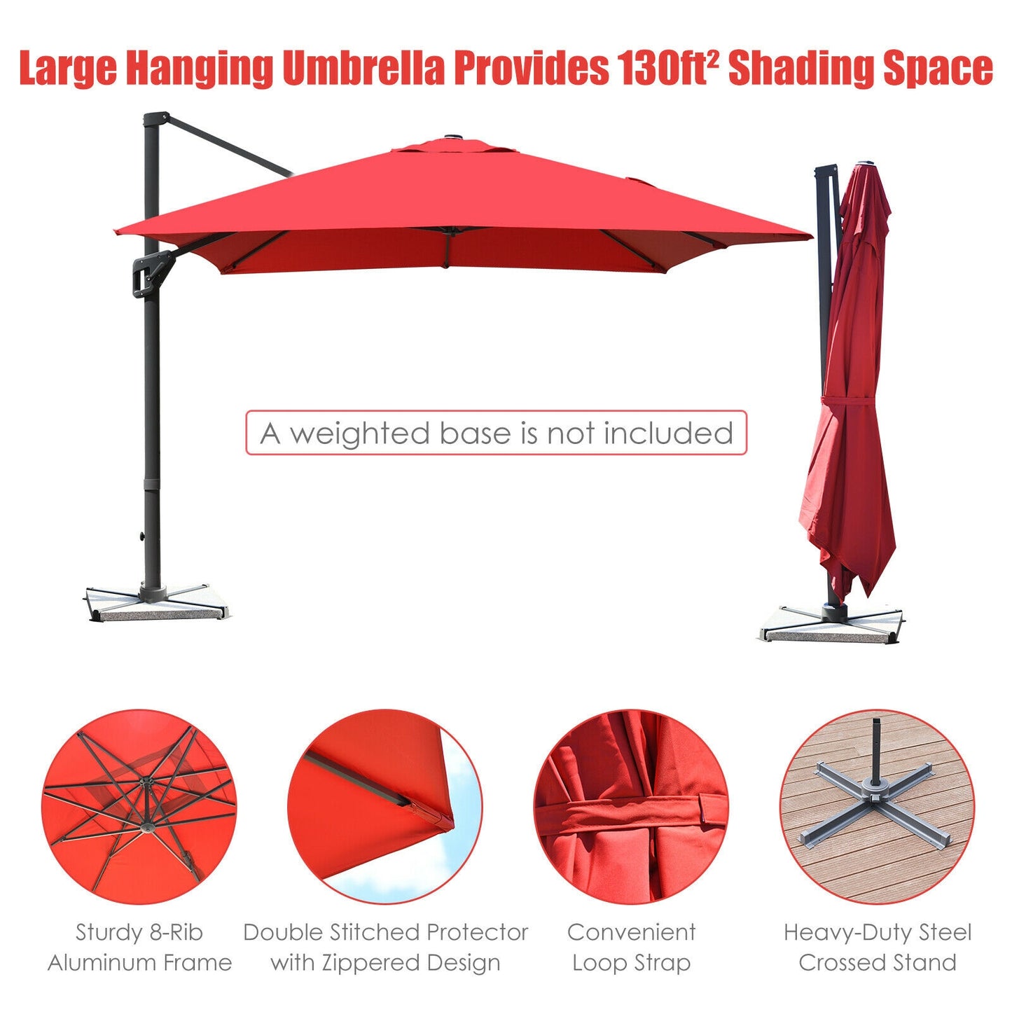 10 x13 Feet Rectangular Cantilever Umbrella with 360° Rotation Function-Wine Kids Crystal