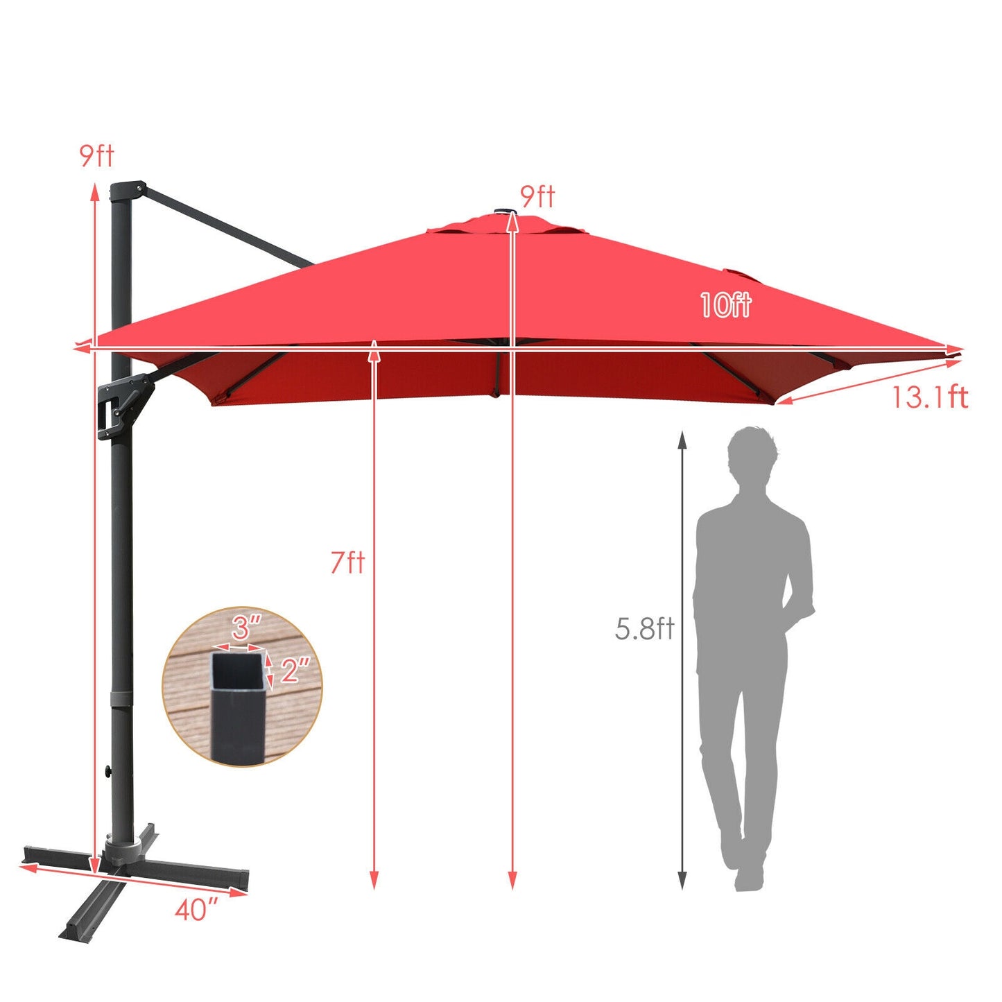 10 x13 Feet Rectangular Cantilever Umbrella with 360° Rotation Function-Wine Kids Crystal