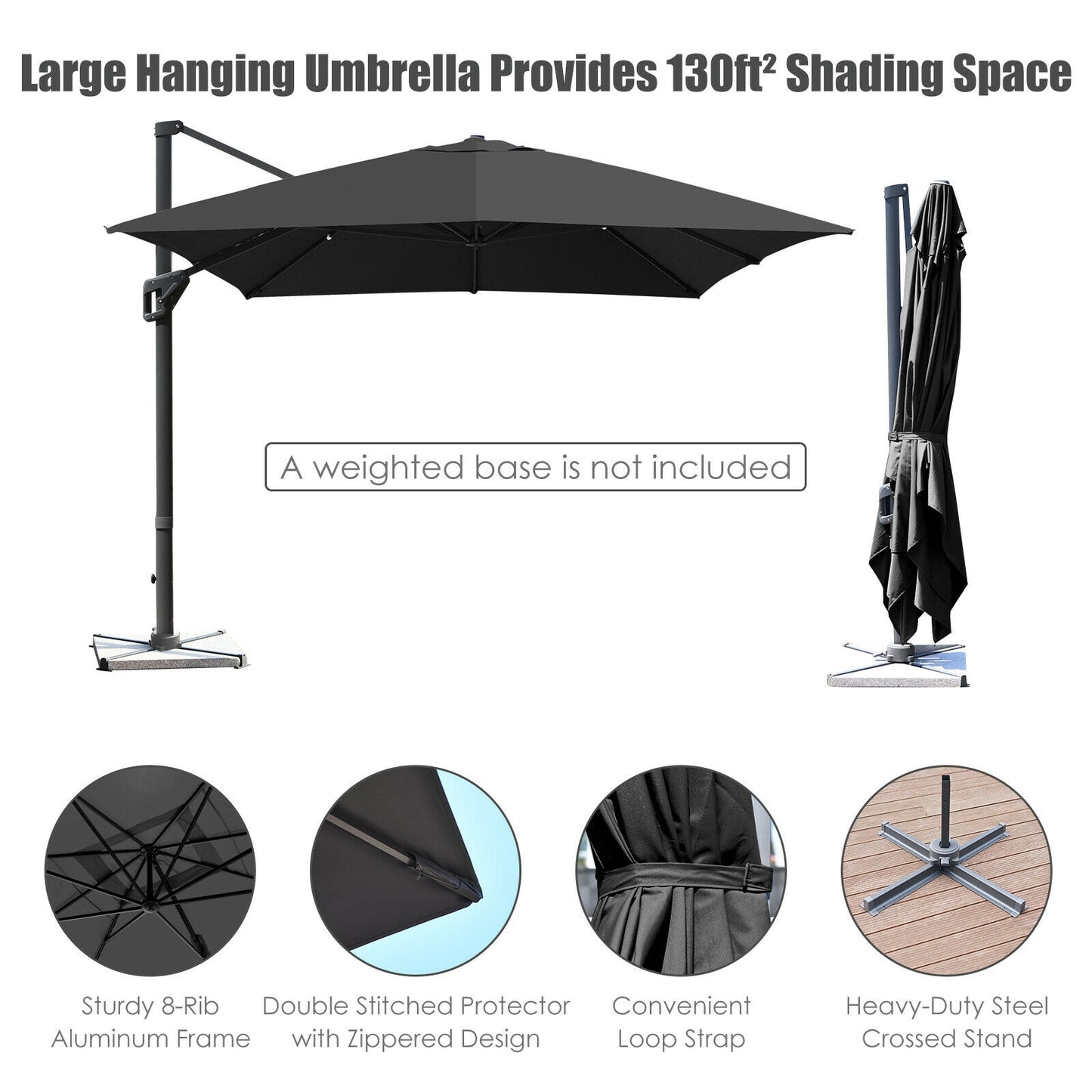 10 x13 Feet Rectangular Cantilever Umbrella with 360° Rotation Function-Gray Kids Crystal