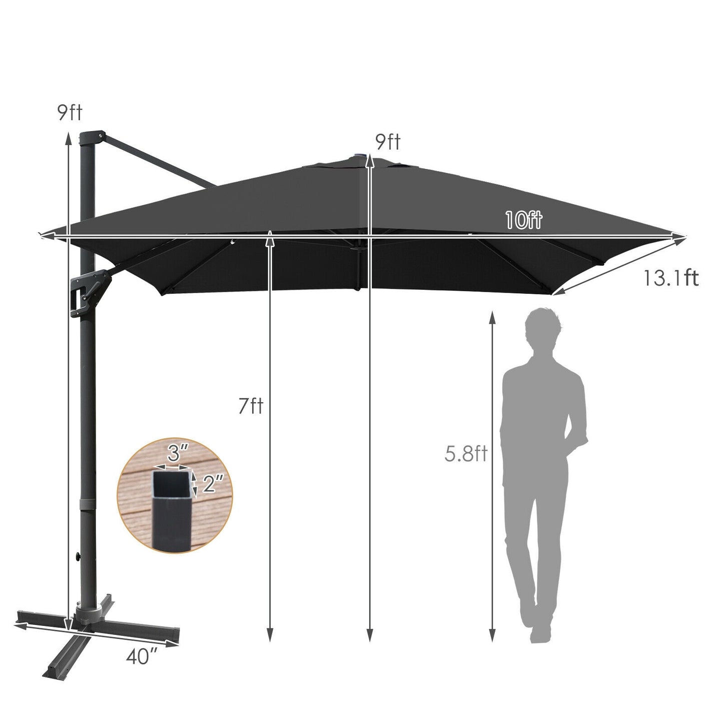 10 x13 Feet Rectangular Cantilever Umbrella with 360° Rotation Function-Gray Kids Crystal