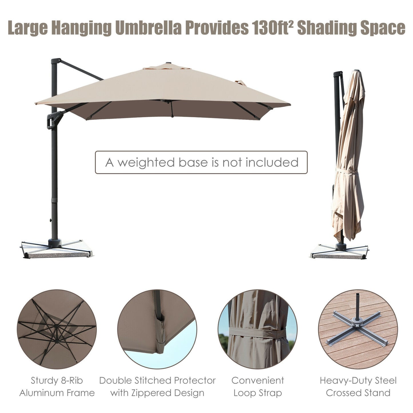 10 x13 Feet Rectangular Cantilever Umbrella with 360° Rotation Function-Coffee Kids Crystal