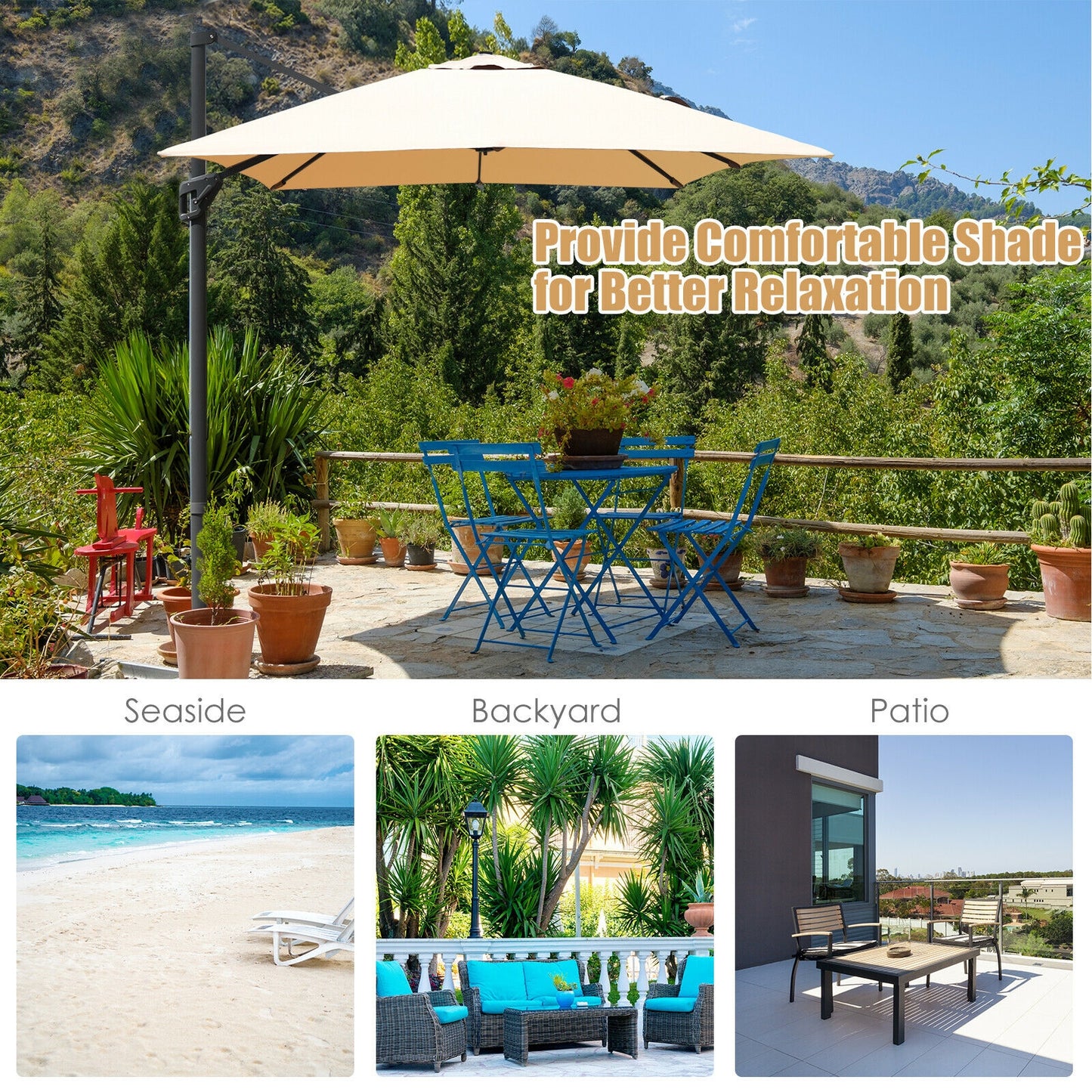 10 x13 Feet Rectangular Cantilever Umbrella with 360° Rotation Function-Beige Kids Crystal