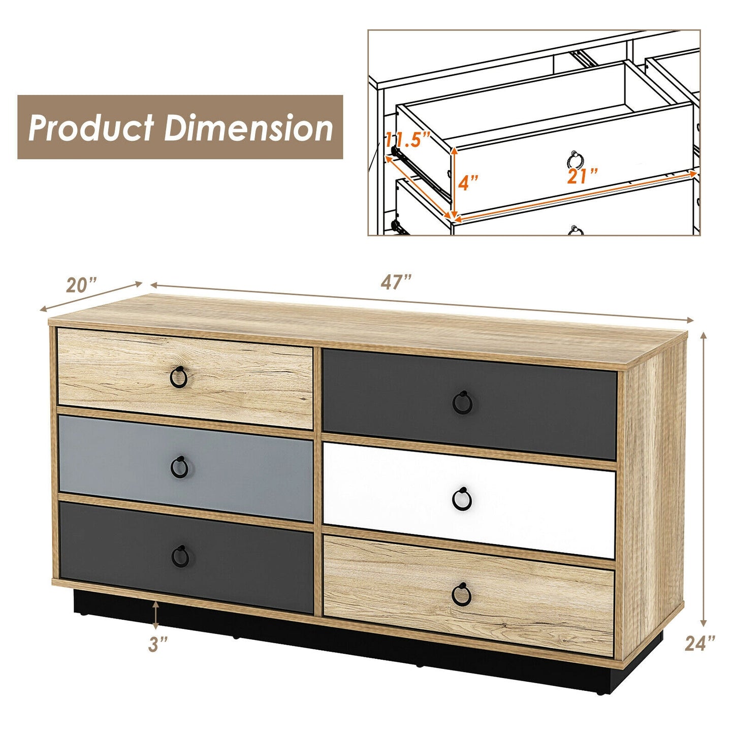 6 Drawers Double Dresser Accent Storage Tower for Bedroom Hallway Entryway Kids Crystal