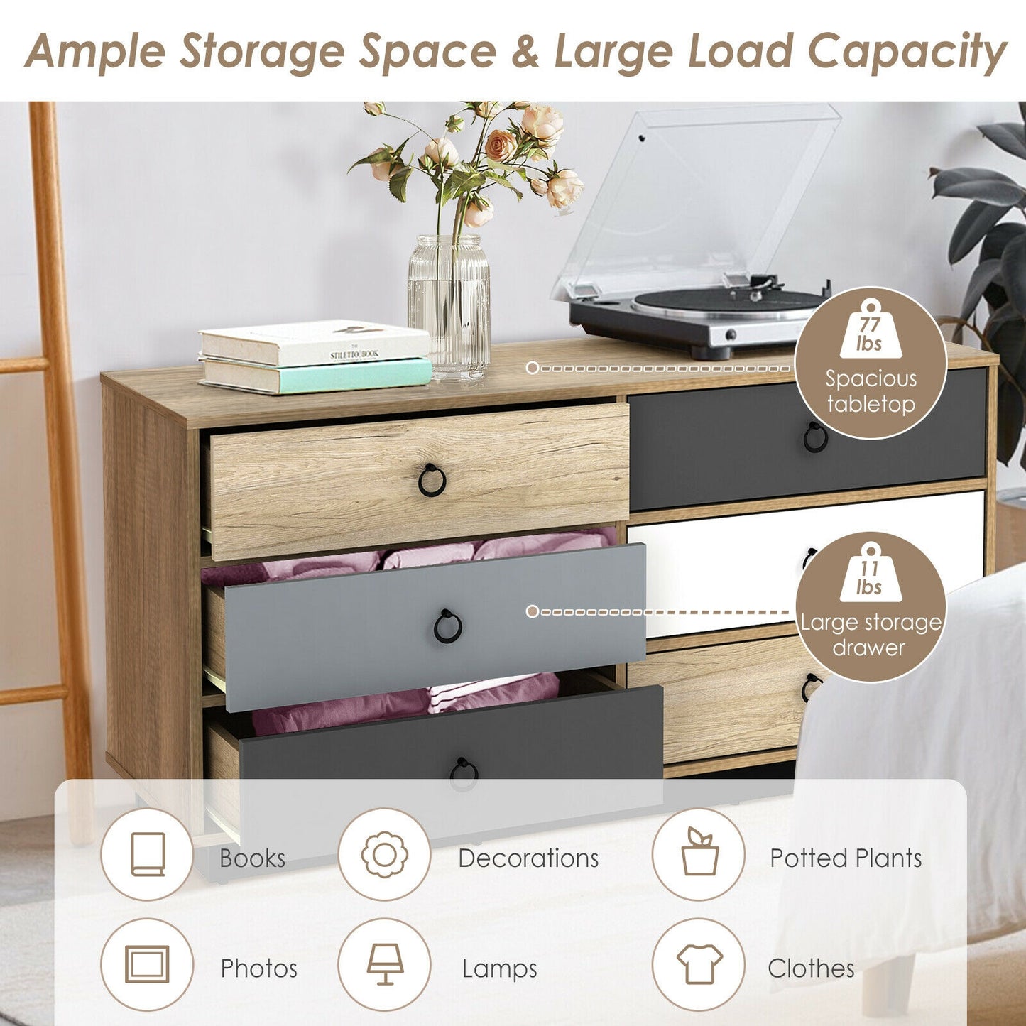 6 Drawers Double Dresser Accent Storage Tower for Bedroom Hallway Entryway Kids Crystal