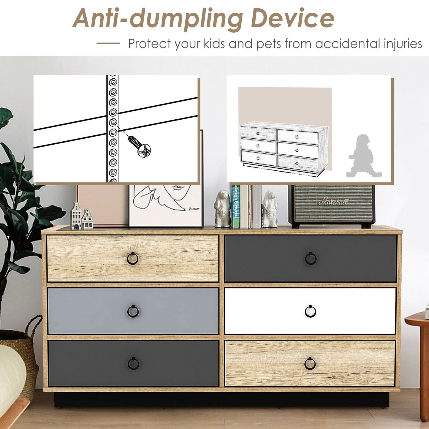 6 Drawers Double Dresser Accent Storage Tower for Bedroom Hallway Entryway Kids Crystal