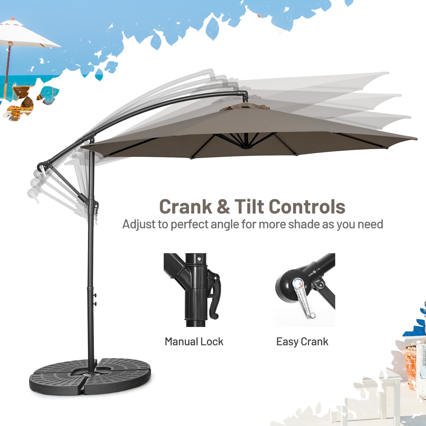 10FT Offset Umbrella with 8 Ribs Cantilever and Cross Base Tilt Adjustment-Brown Kids Crystal