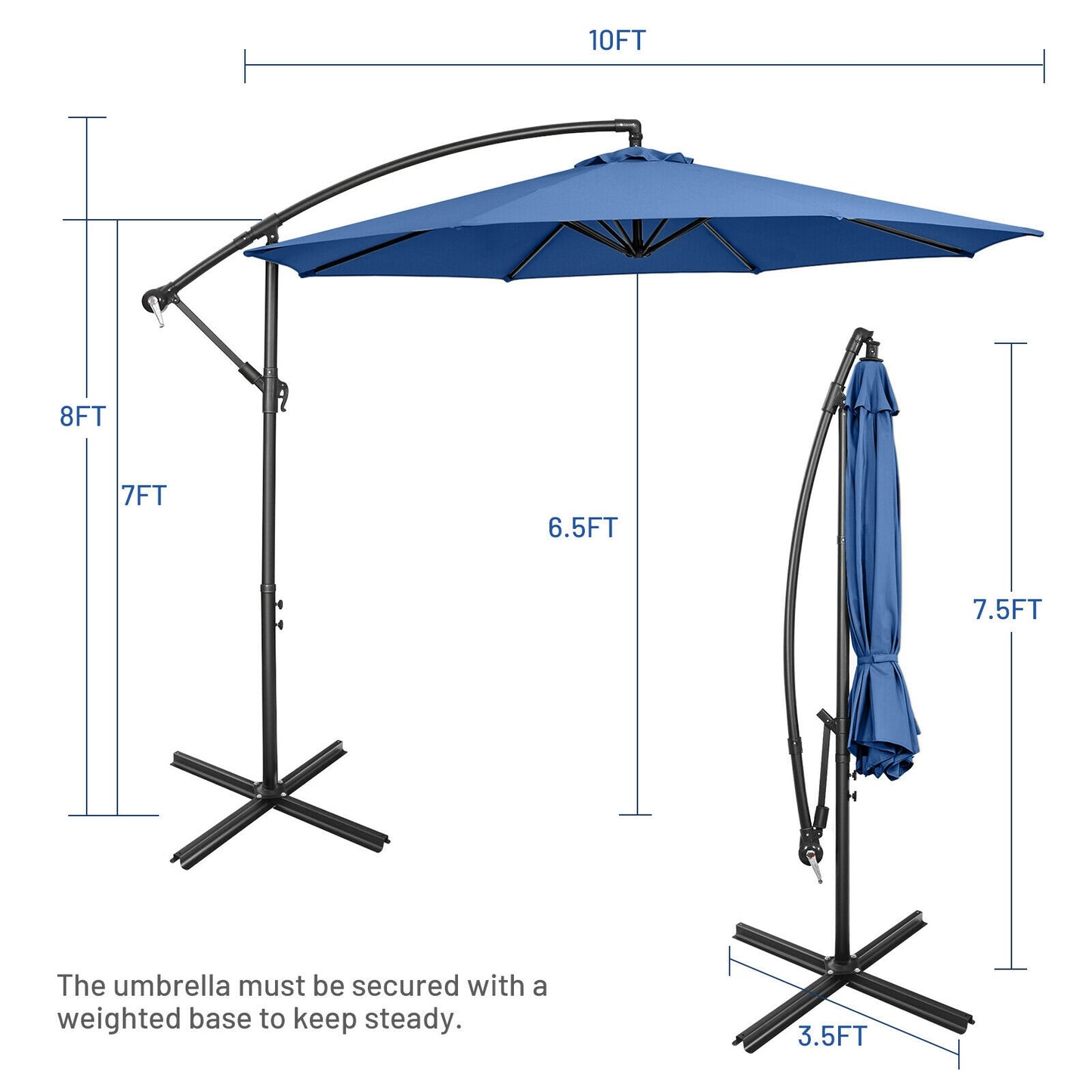 10FT Offset Umbrella with 8 Ribs Cantilever and Cross Base Tilt Adjustment-Blue Kids Crystal
