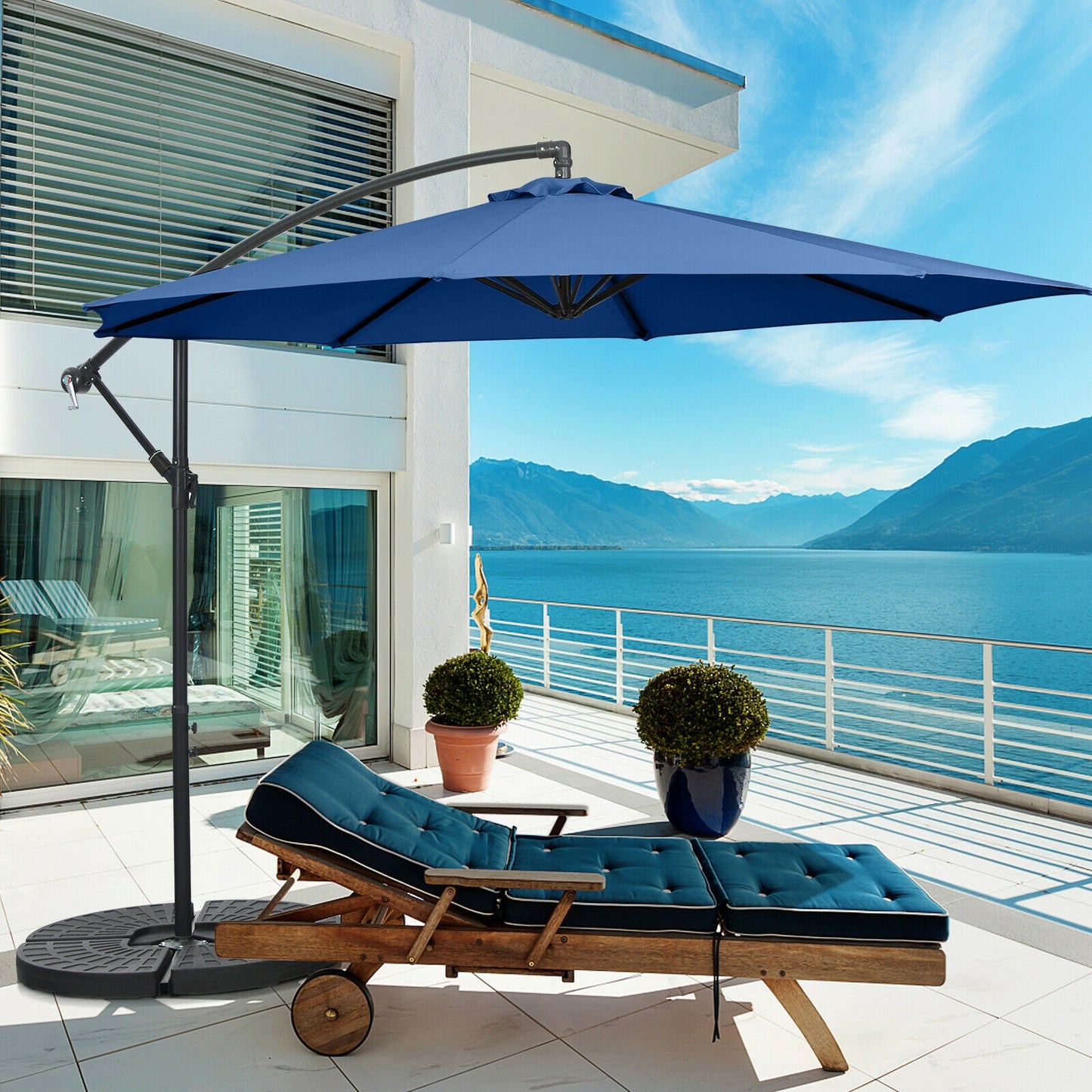 10FT Offset Umbrella with 8 Ribs Cantilever and Cross Base Tilt Adjustment-Blue Kids Crystal