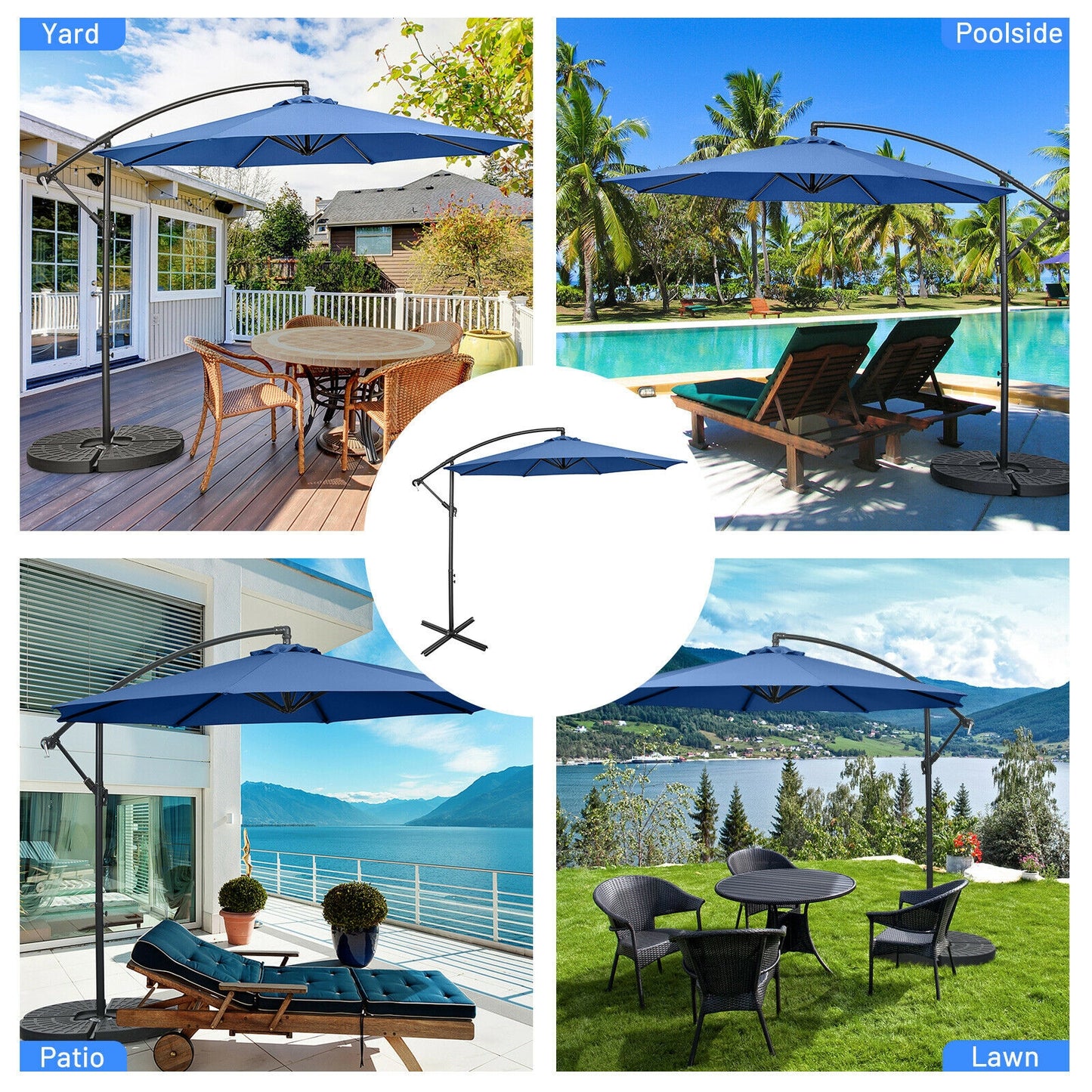 10FT Offset Umbrella with 8 Ribs Cantilever and Cross Base Tilt Adjustment-Blue Kids Crystal