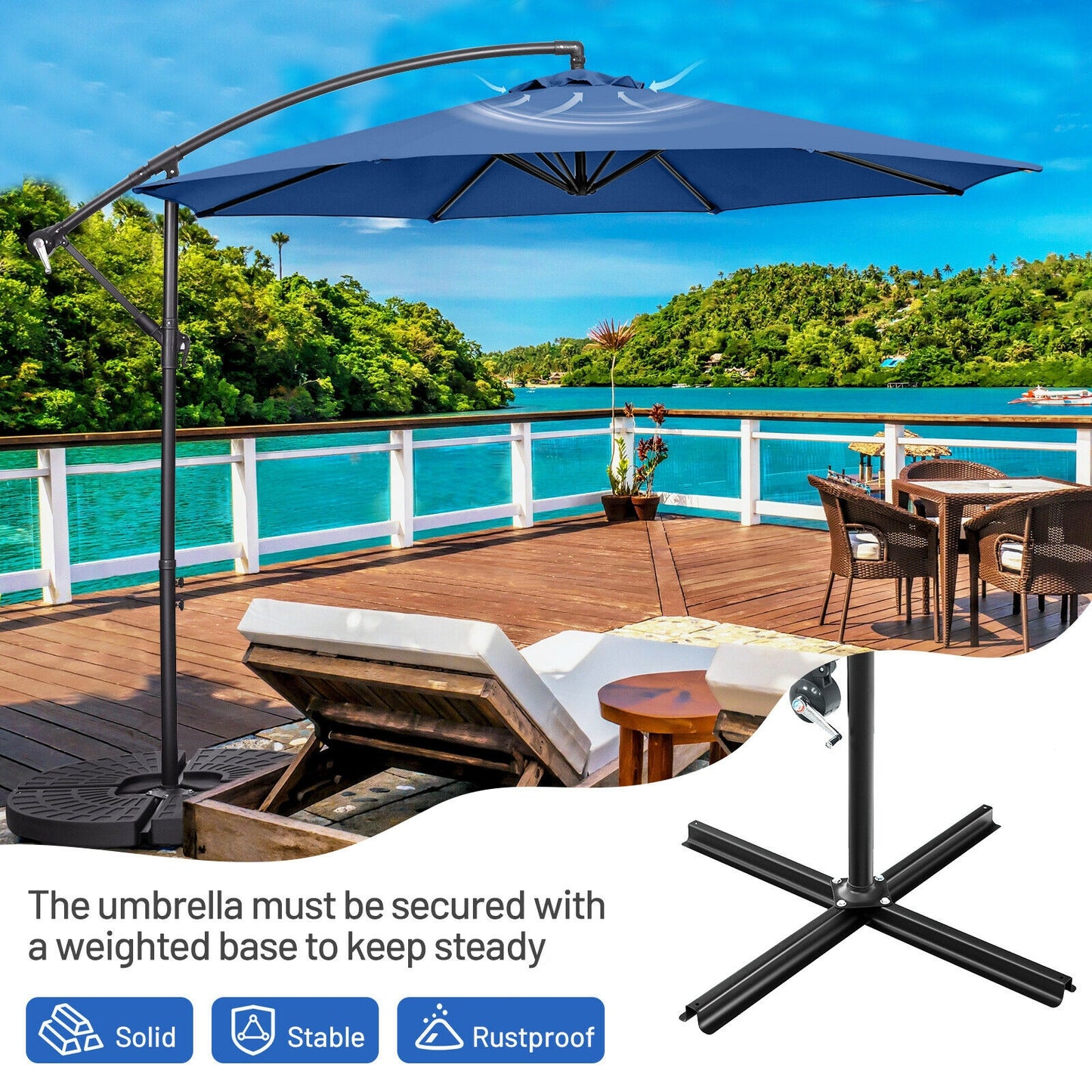 10FT Offset Umbrella with 8 Ribs Cantilever and Cross Base Tilt Adjustment-Blue Kids Crystal