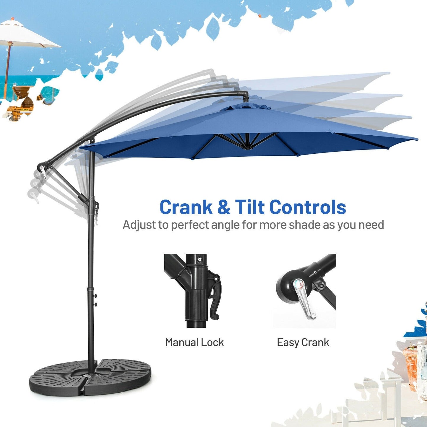 10FT Offset Umbrella with 8 Ribs Cantilever and Cross Base Tilt Adjustment-Blue Kids Crystal