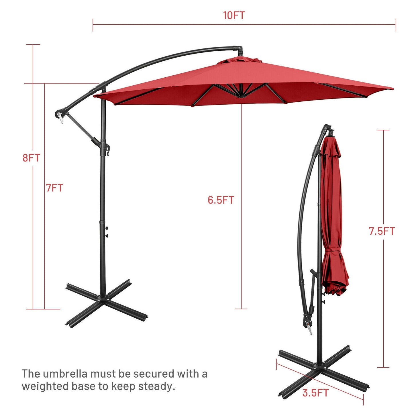 10FT Offset Umbrella with 8 Ribs Cantilever and Cross Base Tilt Adjustment-Red Kids Crystal