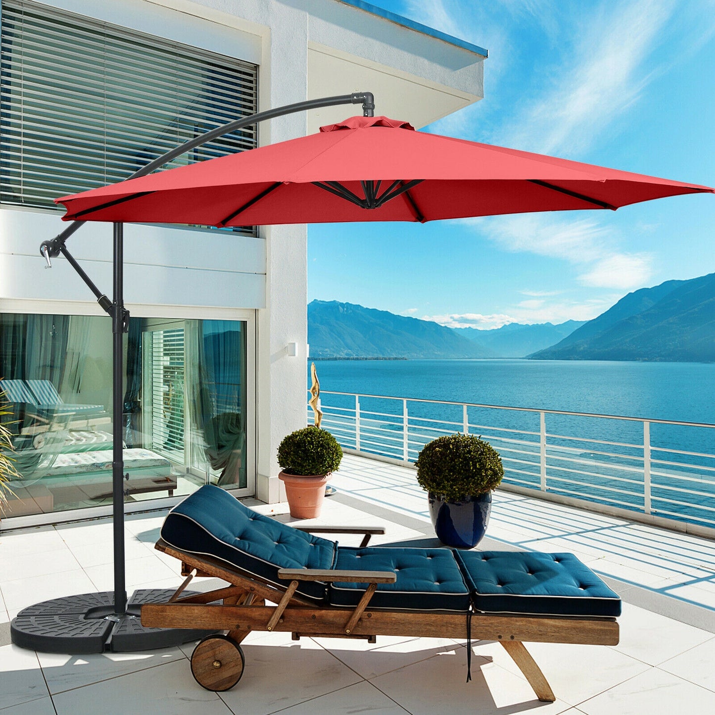 10FT Offset Umbrella with 8 Ribs Cantilever and Cross Base Tilt Adjustment-Red Kids Crystal