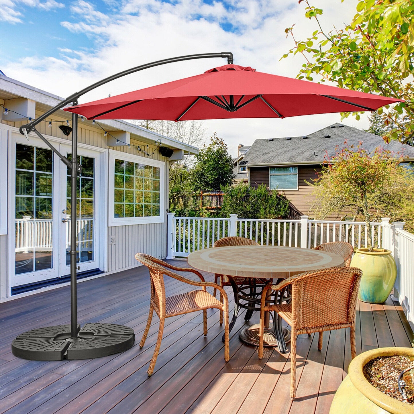 10FT Offset Umbrella with 8 Ribs Cantilever and Cross Base Tilt Adjustment-Red Kids Crystal