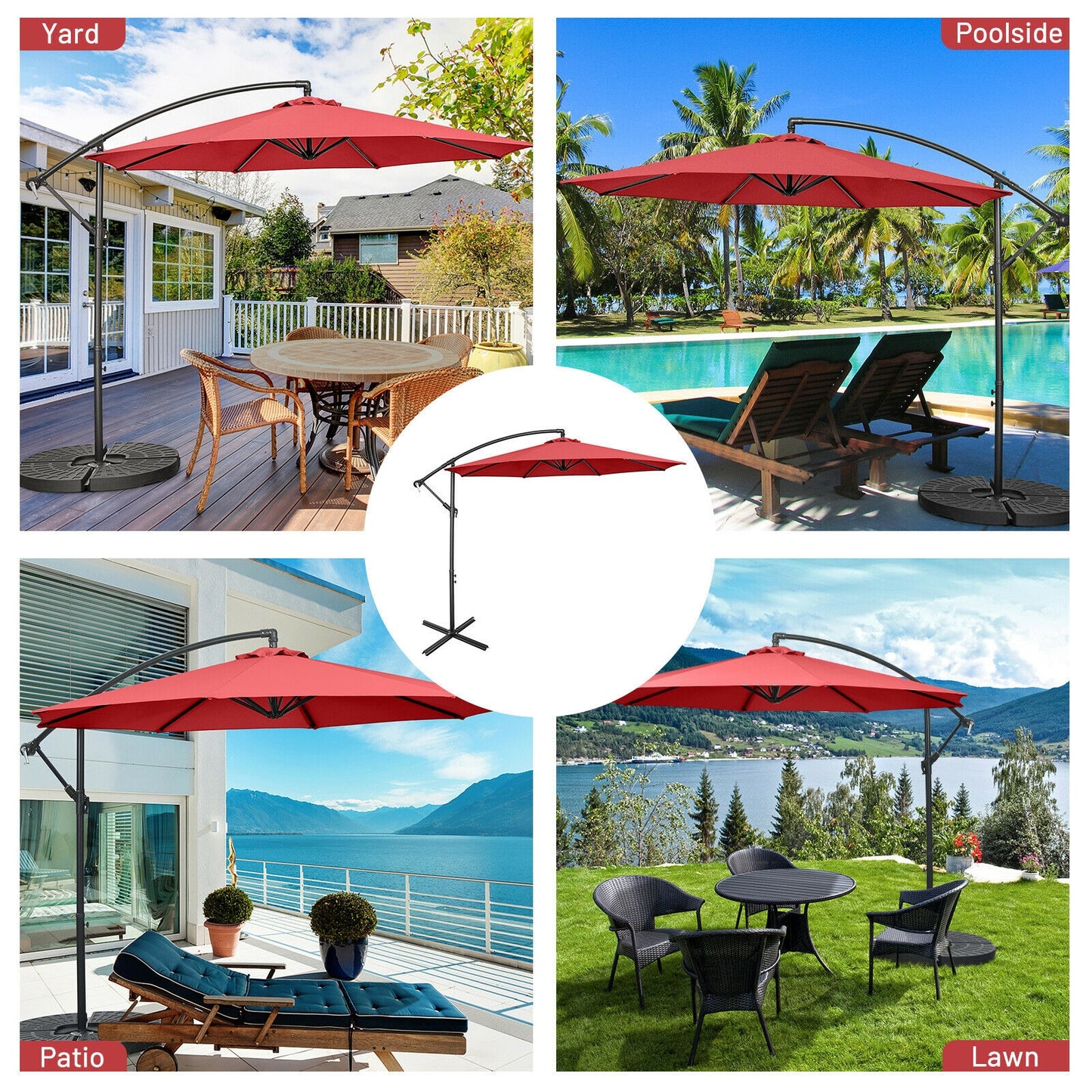 10FT Offset Umbrella with 8 Ribs Cantilever and Cross Base Tilt Adjustment-Red Kids Crystal