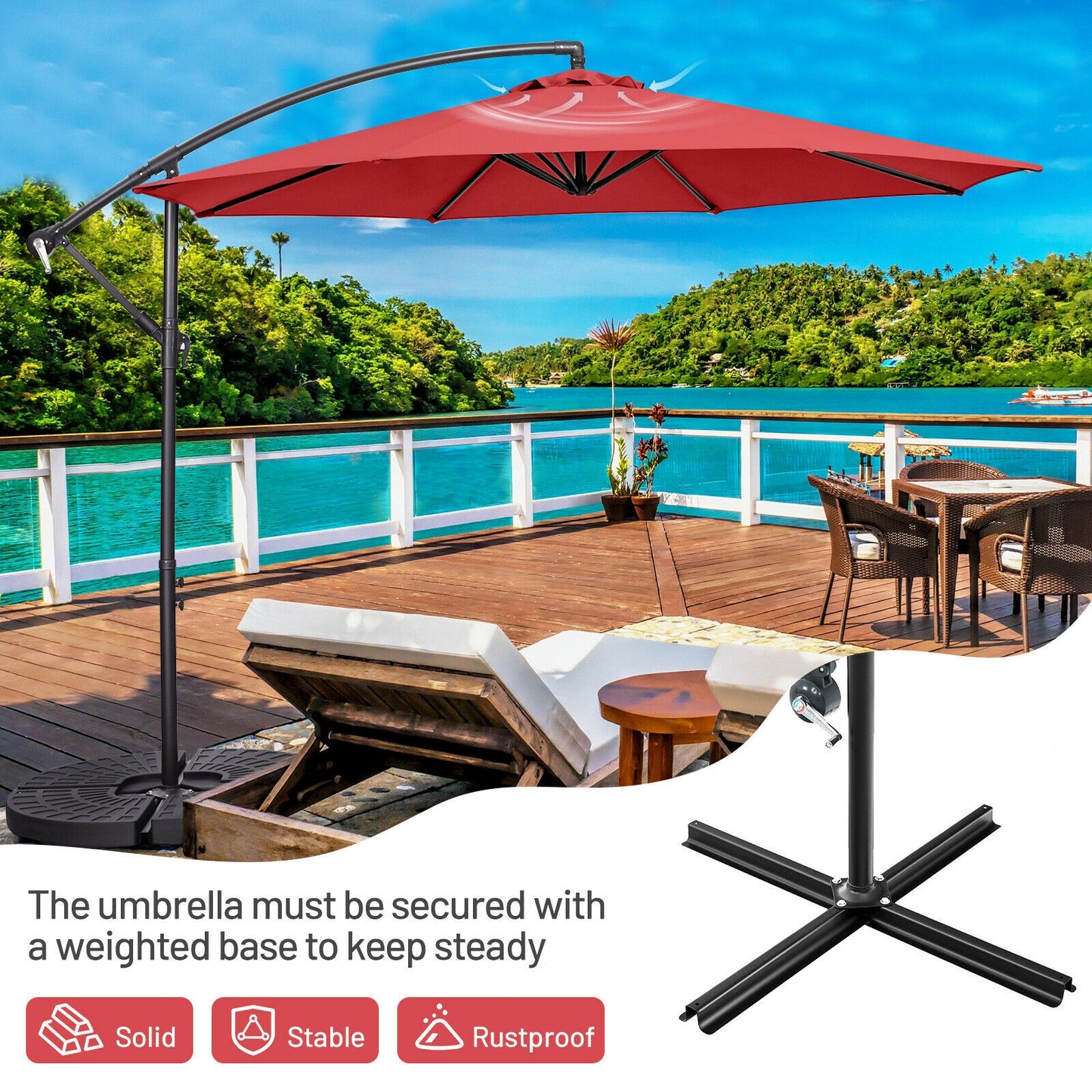 10FT Offset Umbrella with 8 Ribs Cantilever and Cross Base Tilt Adjustment-Red Kids Crystal