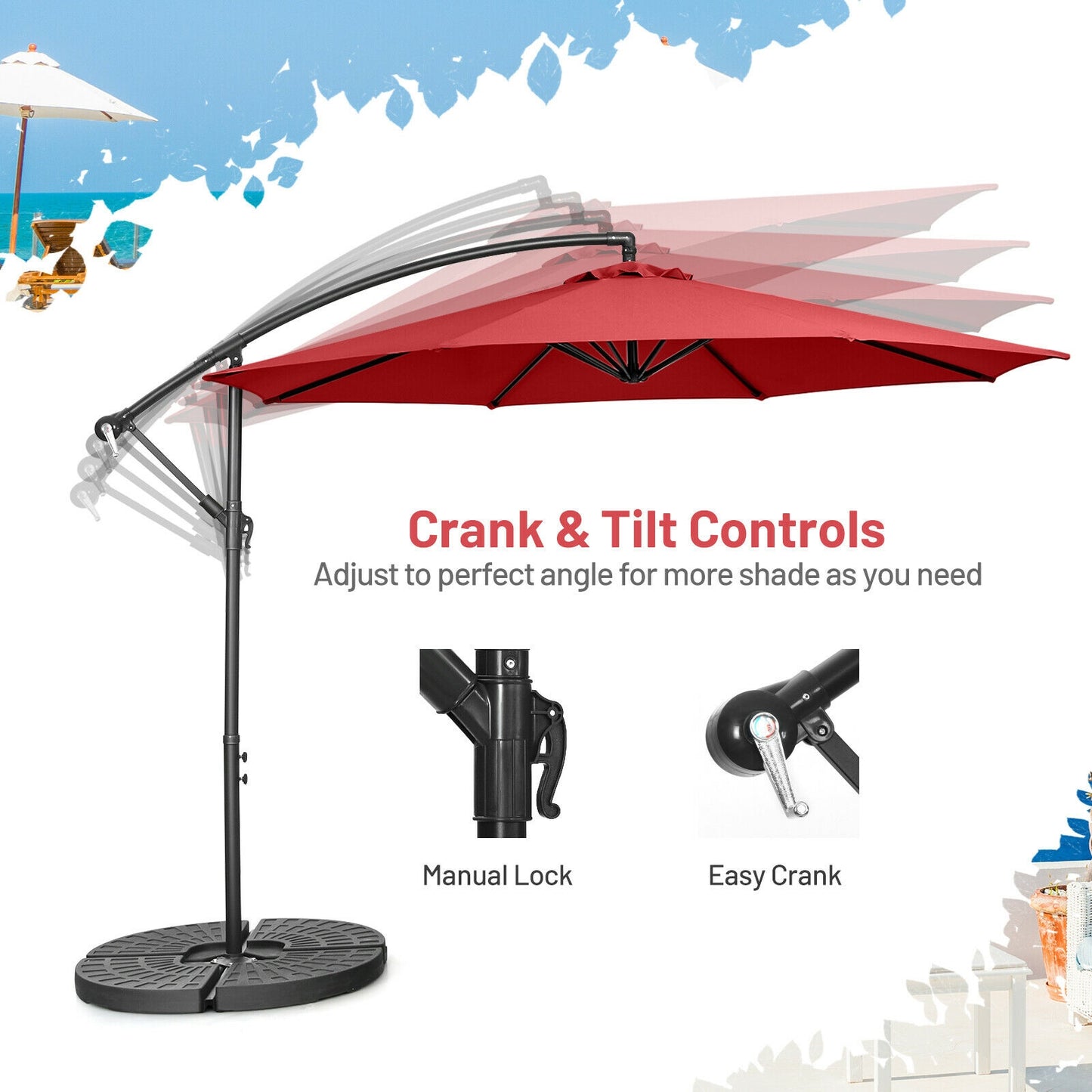 10FT Offset Umbrella with 8 Ribs Cantilever and Cross Base Tilt Adjustment-Red Kids Crystal