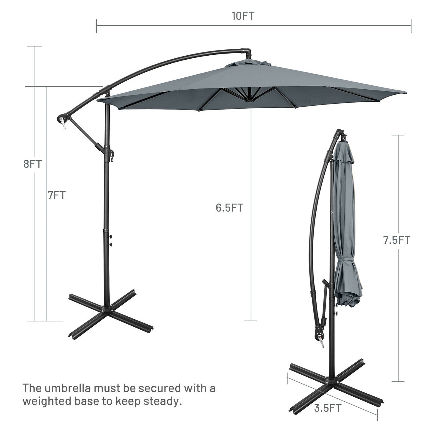 10FT Offset Umbrella with 8 Ribs Cantilever and Cross Base Tilt Adjustment-Gray Kids Crystal