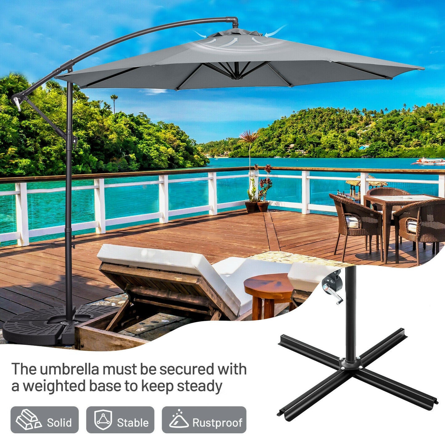 10FT Offset Umbrella with 8 Ribs Cantilever and Cross Base Tilt Adjustment-Gray Kids Crystal