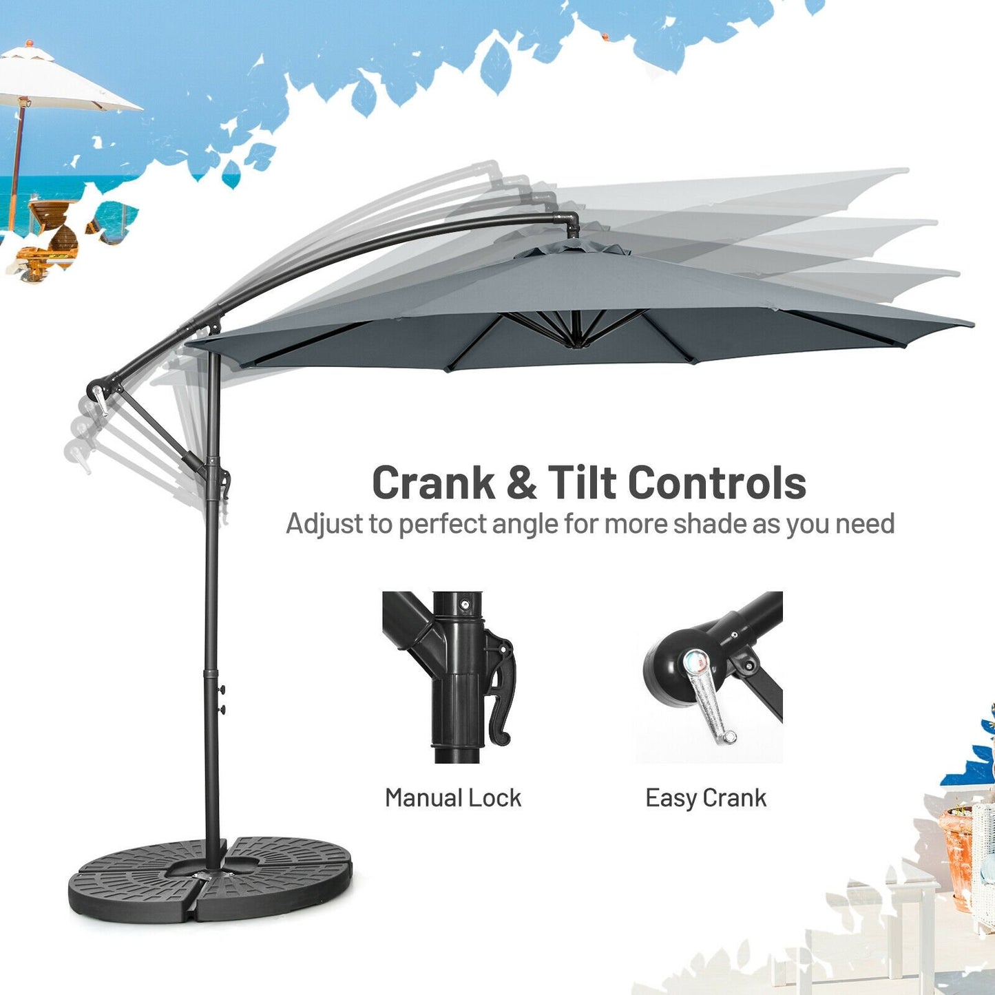 10FT Offset Umbrella with 8 Ribs Cantilever and Cross Base Tilt Adjustment-Gray Kids Crystal