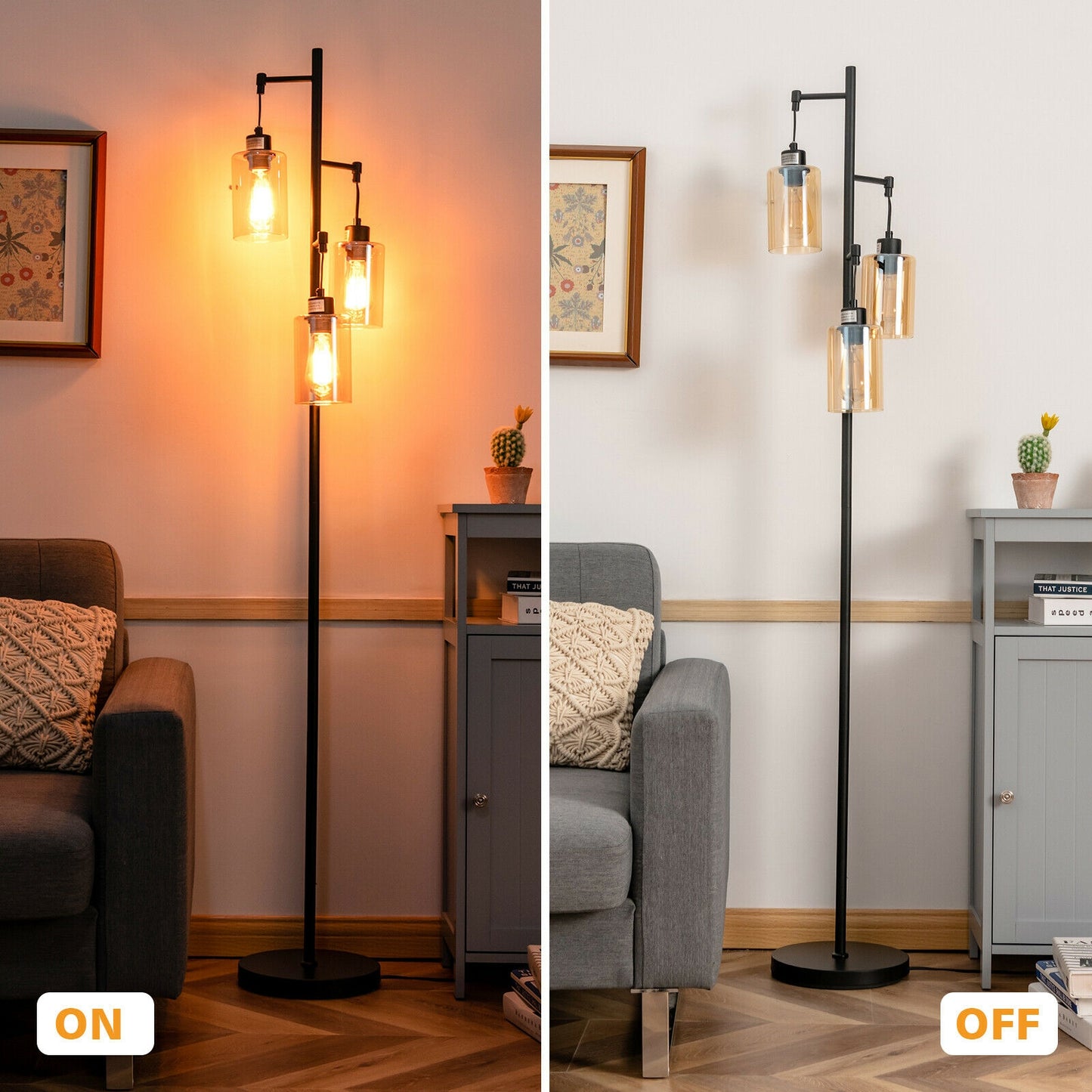 Retro Floor Lamp with 3-Head Hanging Amber Glass Shade Kids Crystal