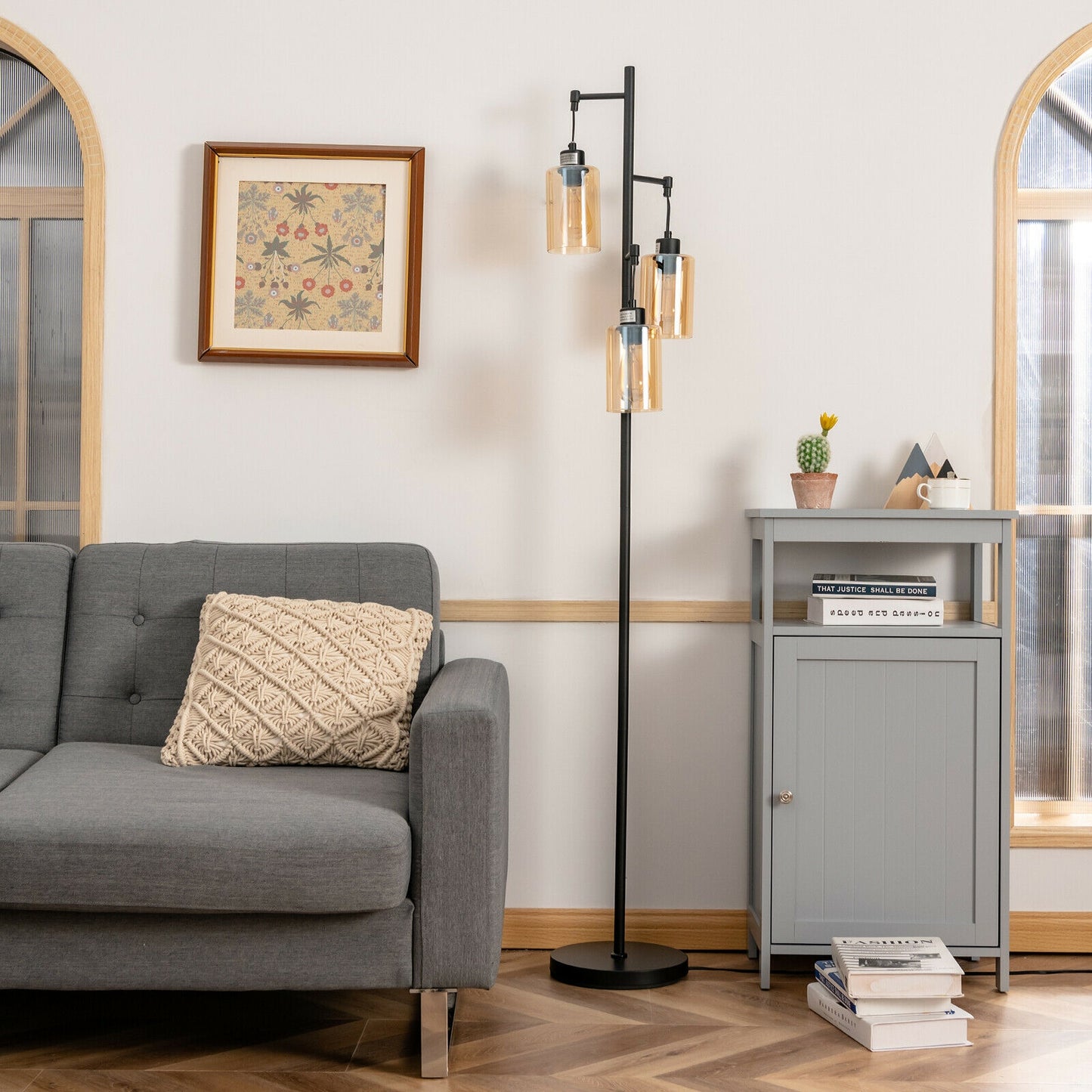 Retro Floor Lamp with 3-Head Hanging Amber Glass Shade Kids Crystal