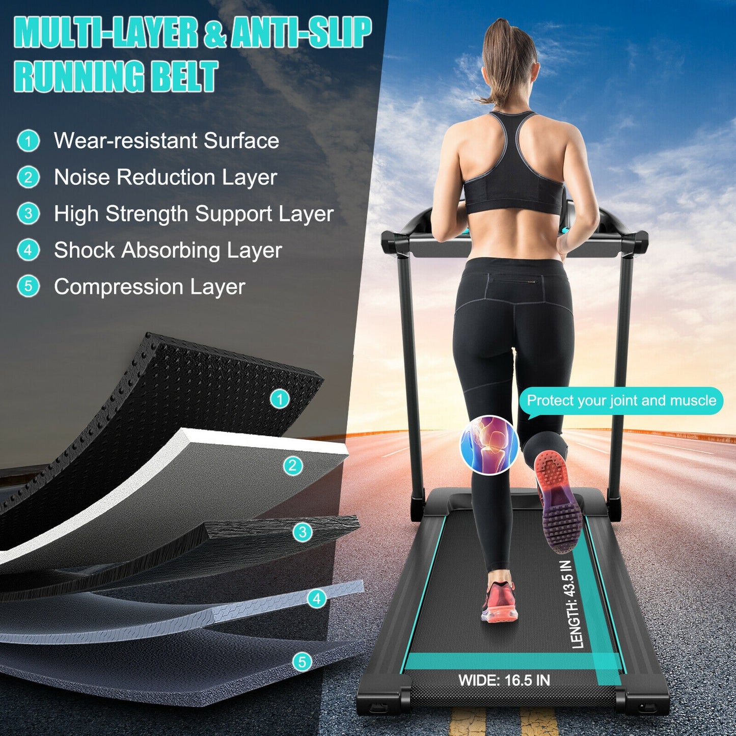 2.25HP Electric Running Machine Treadmill with Speaker and APP Control-Blue Kids Crystal