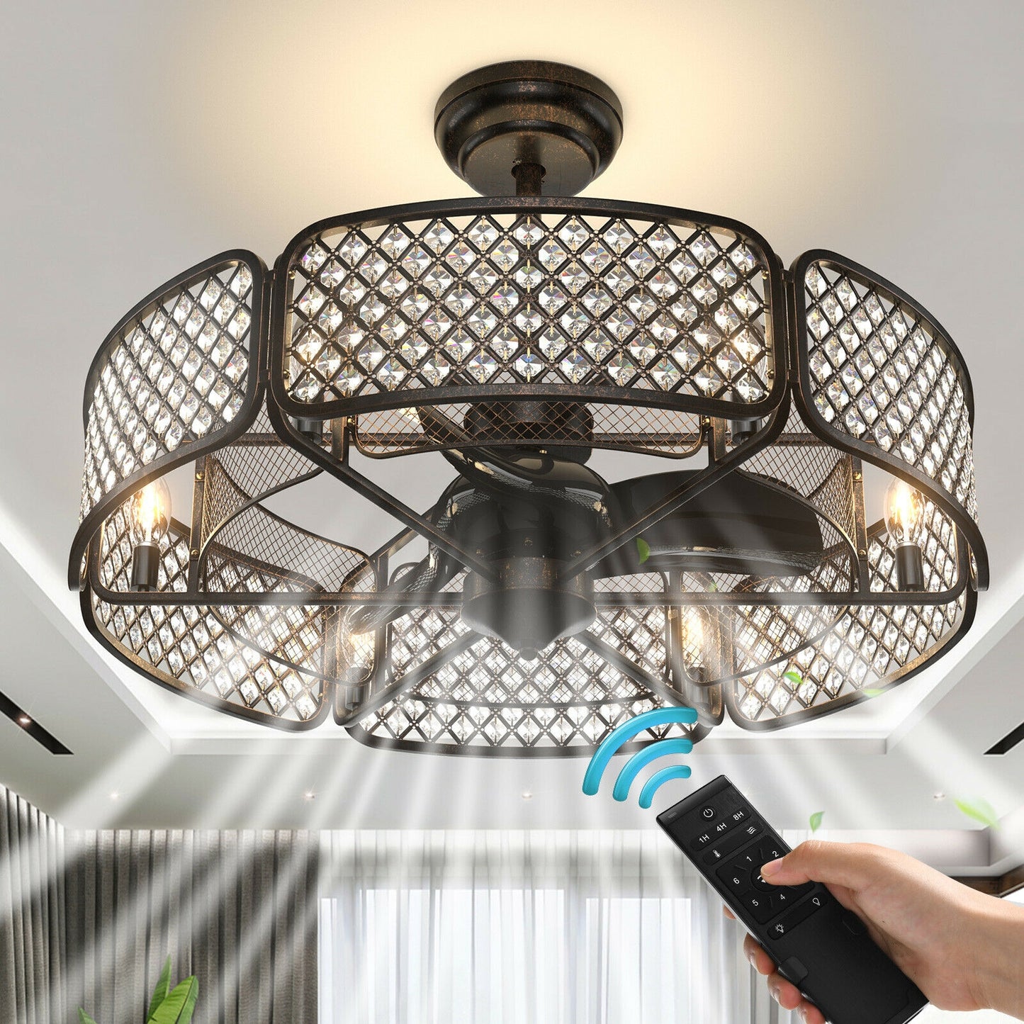 30 Inch Caged Ceiling Fan With Light Crystal Lampshade 6 Light Bases-Coffee Kids Crystal