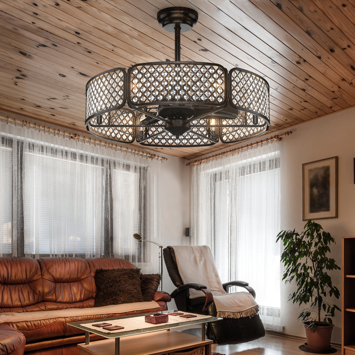 30 Inch Caged Ceiling Fan With Light Crystal Lampshade 6 Light Bases-Coffee Kids Crystal