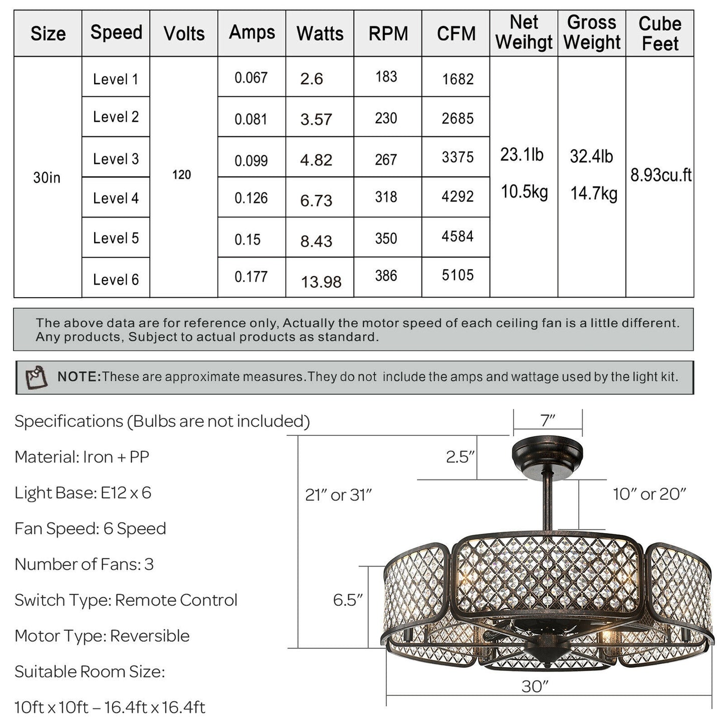 30 Inch Caged Ceiling Fan With Light Crystal Lampshade 6 Light Bases-Coffee Kids Crystal