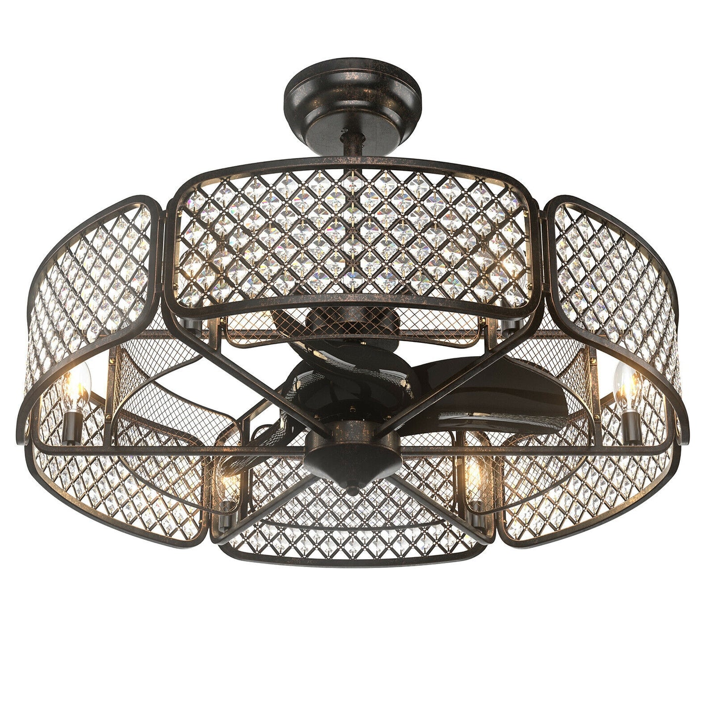 30 Inch Caged Ceiling Fan With Light Crystal Lampshade 6 Light Bases-Coffee Kids Crystal