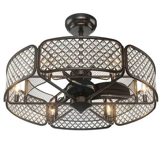 30 Inch Caged Ceiling Fan With Light Crystal Lampshade 6 Light Bases-Coffee Kids Crystal