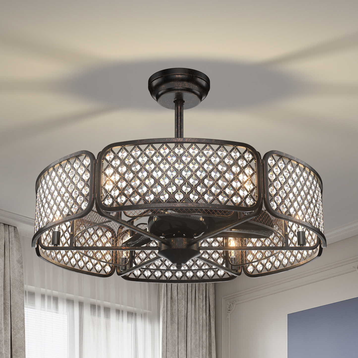 30 Inch Caged Ceiling Fan With Light Crystal Lampshade 6 Light Bases-Coffee Kids Crystal