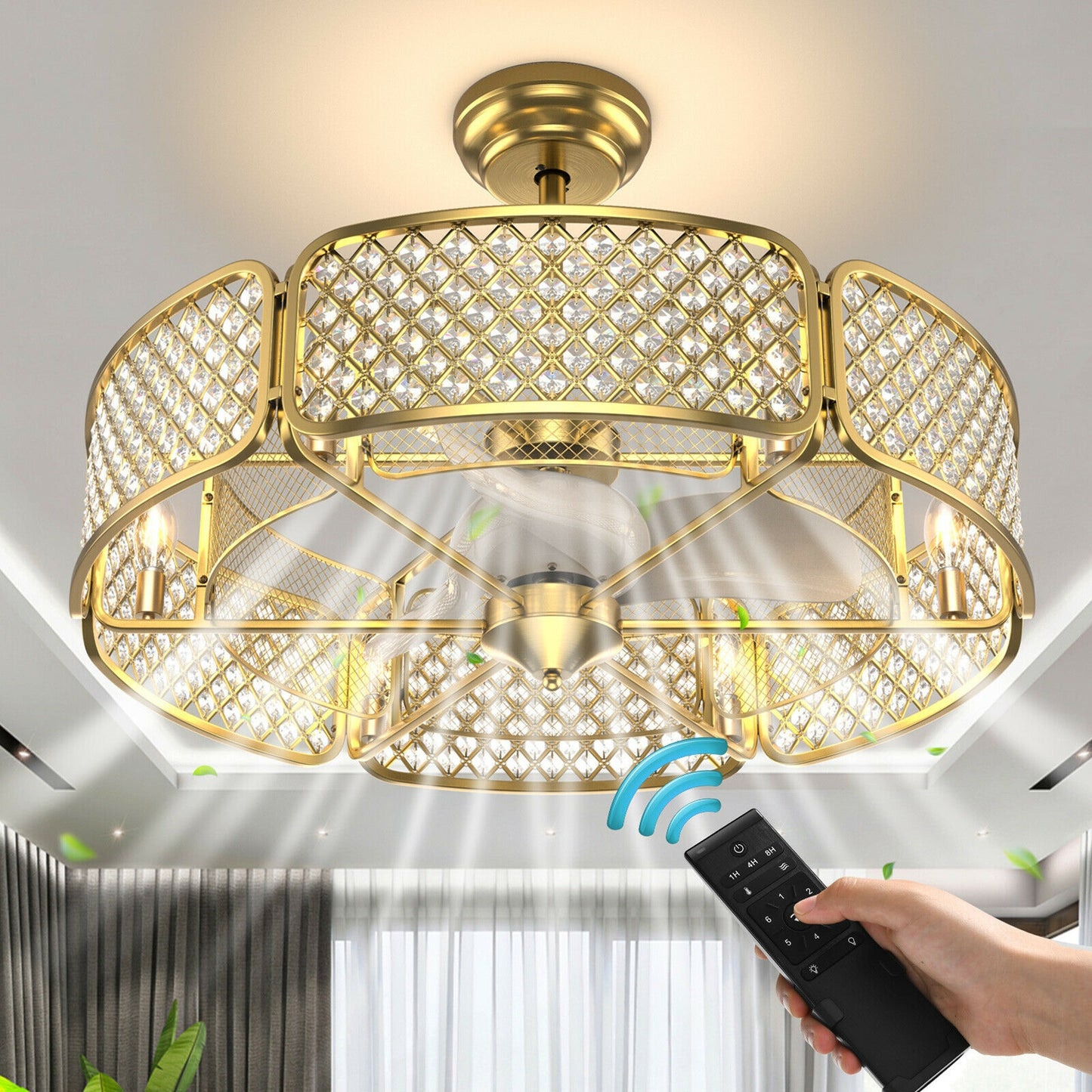 30 Inch Caged Ceiling Fan With Light Crystal Lampshade 6 Light Bases-Golden Kids Crystal