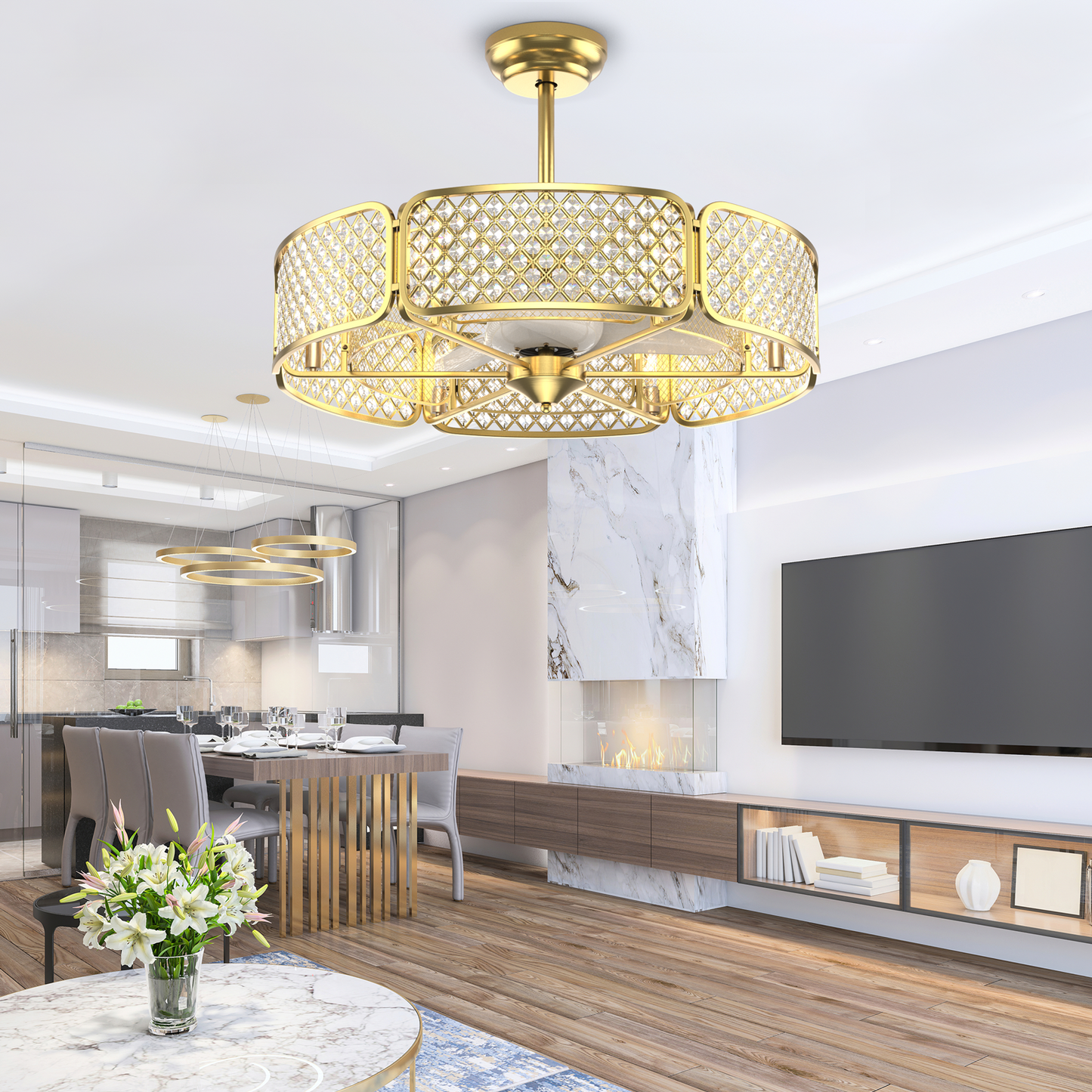 30 Inch Caged Ceiling Fan With Light Crystal Lampshade 6 Light Bases-Golden Kids Crystal