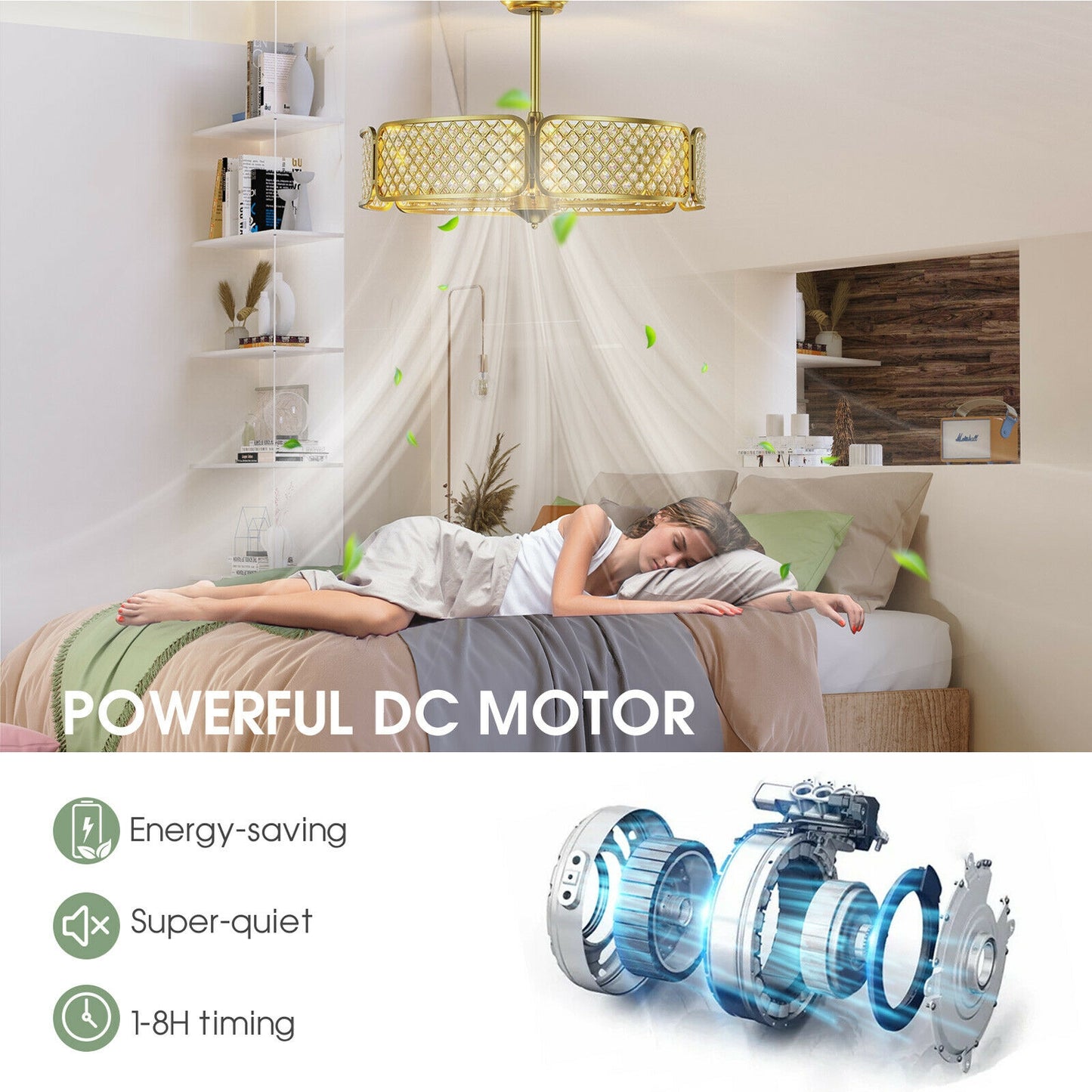 30 Inch Caged Ceiling Fan With Light Crystal Lampshade 6 Light Bases-Golden Kids Crystal