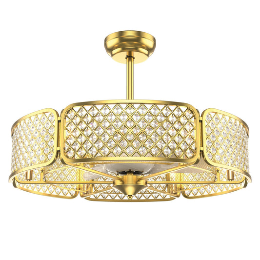 30 Inch Caged Ceiling Fan With Light Crystal Lampshade 6 Light Bases-Golden Kids Crystal