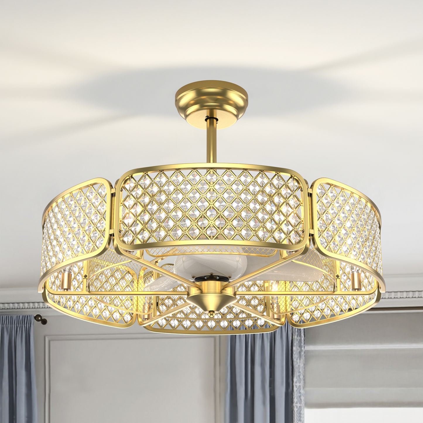 30 Inch Caged Ceiling Fan With Light Crystal Lampshade 6 Light Bases-Golden Kids Crystal