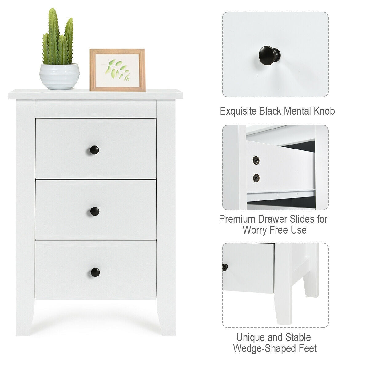Set of 2 Nightstand End Beside Table Drawers-White Kids Crystal