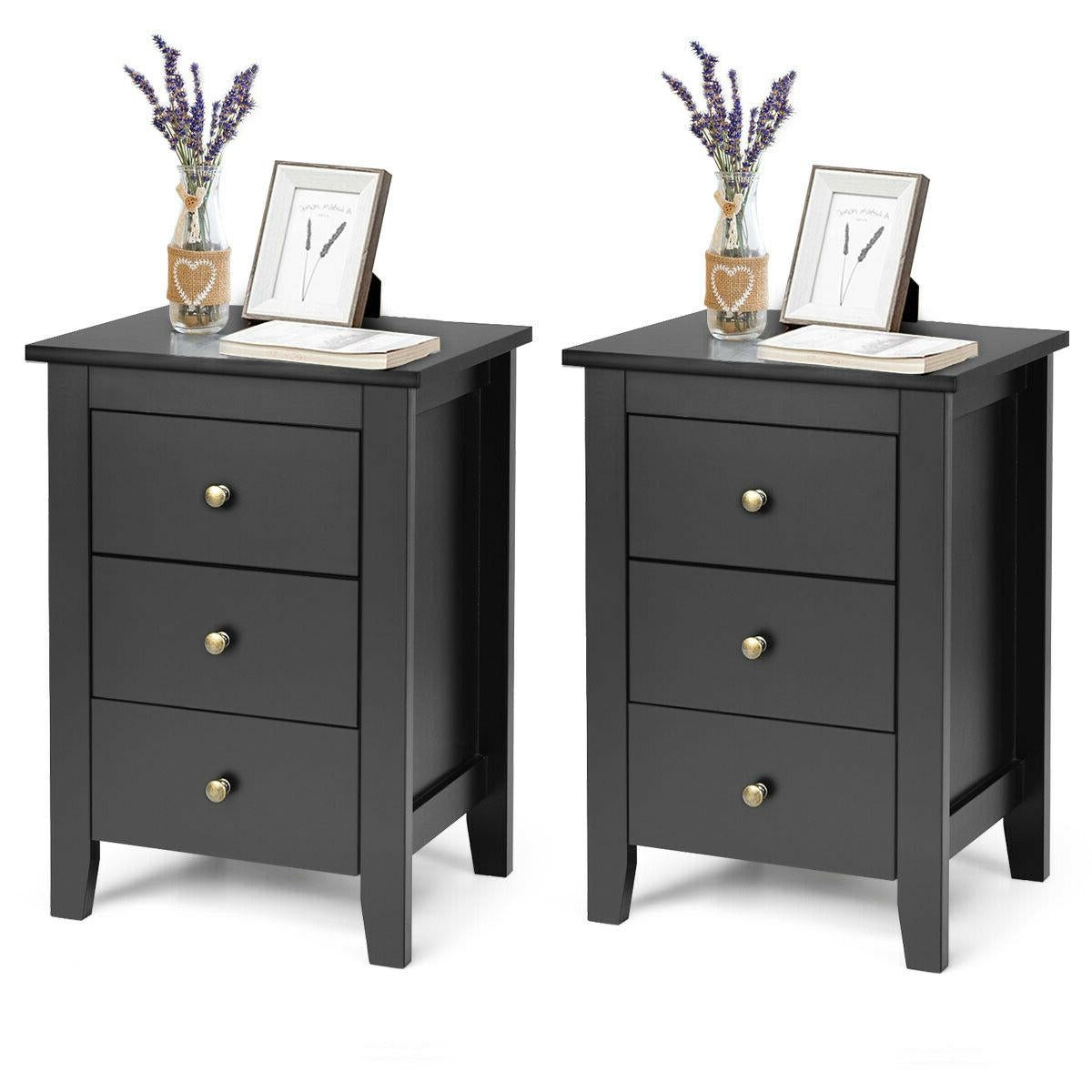 Set of 2 Nightstand End Beside Table Drawers-Black Kids Crystal