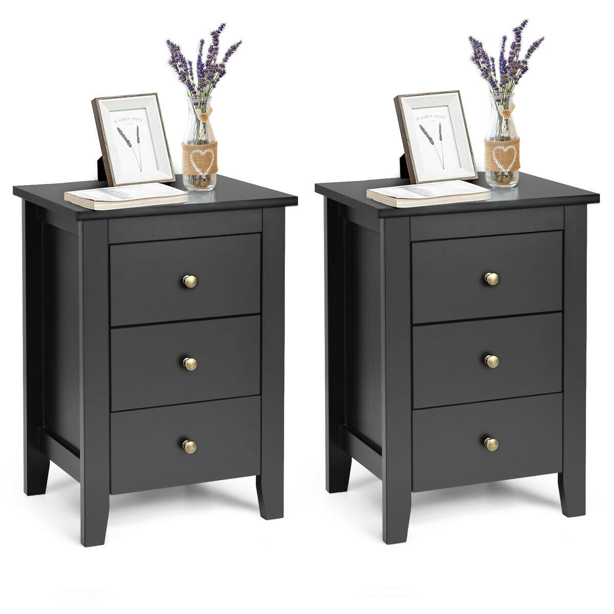 Set of 2 Nightstand End Beside Table Drawers-Black Kids Crystal