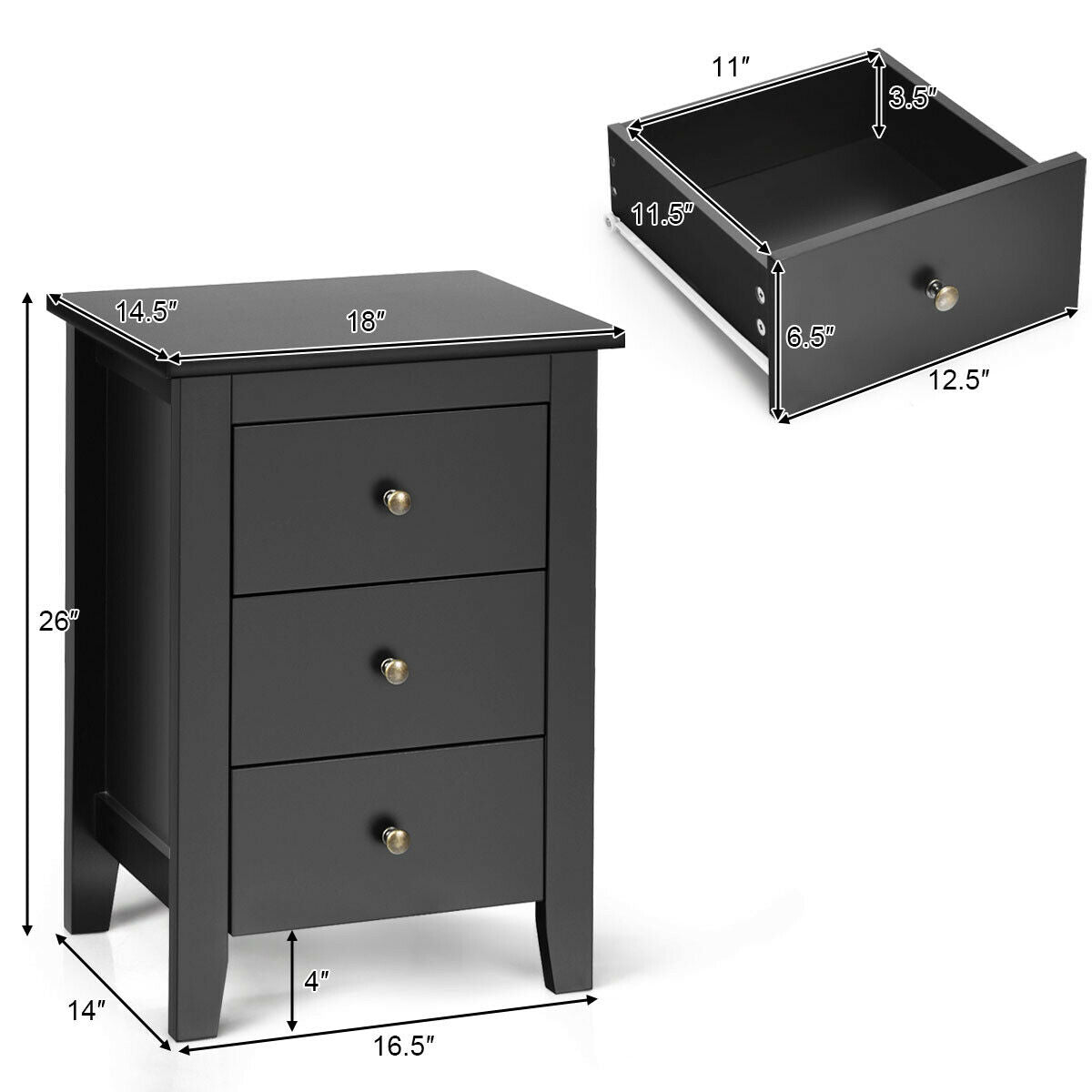 Set of 2 Nightstand End Beside Table Drawers-Black Kids Crystal