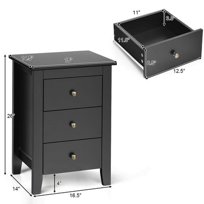 Set of 2 Nightstand End Beside Table Drawers-Black