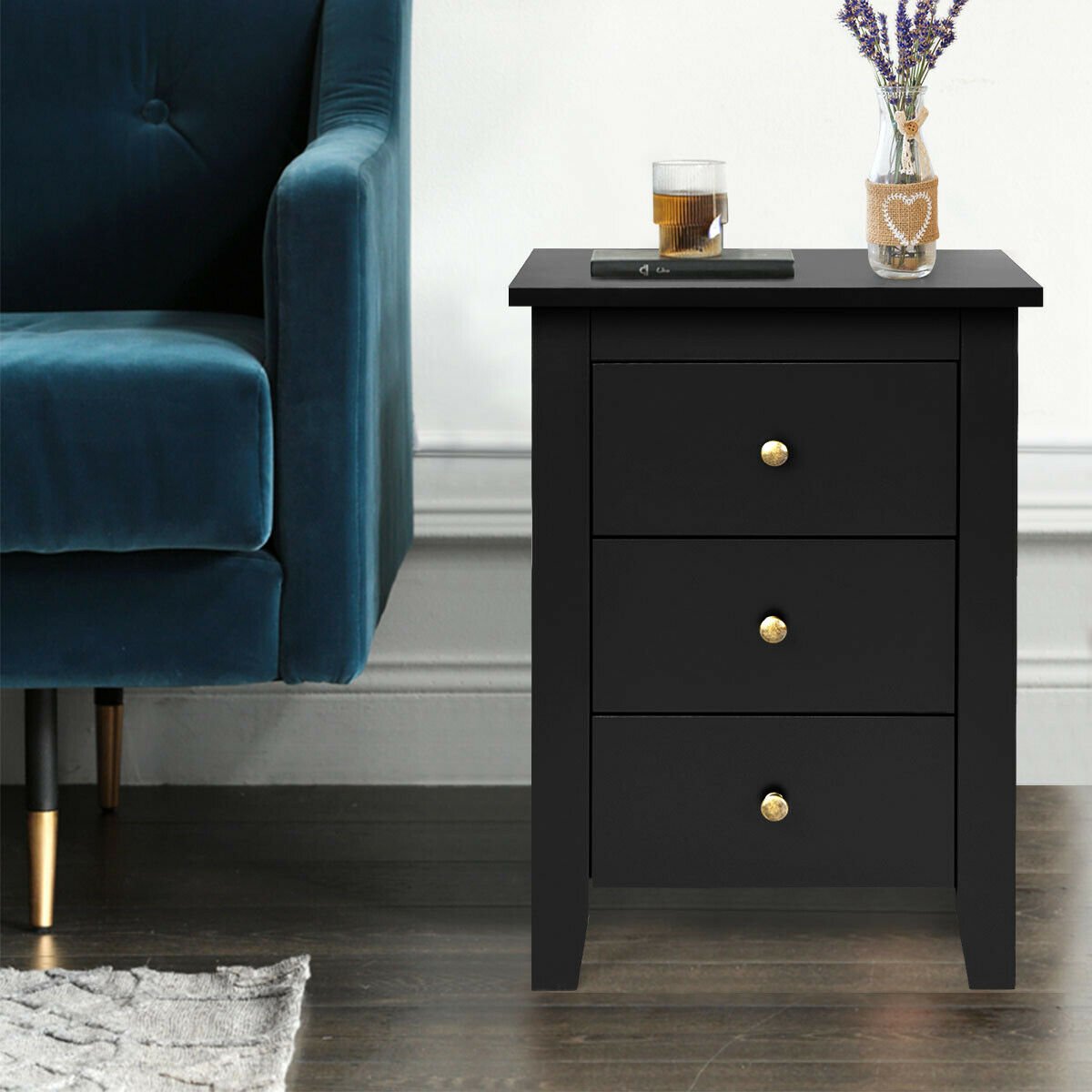 Set of 2 Nightstand End Beside Table Drawers-Black Kids Crystal