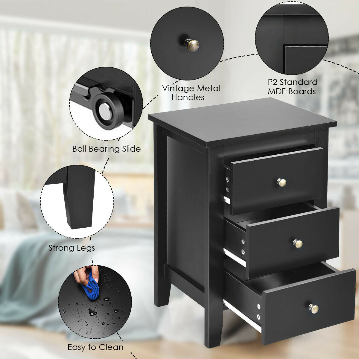 Set of 2 Nightstand End Beside Table Drawers-Black Kids Crystal