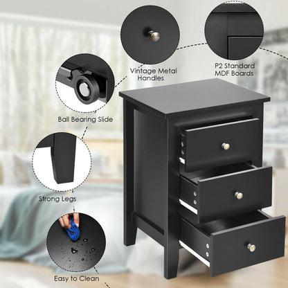 Set of 2 Nightstand End Beside Table Drawers-Black